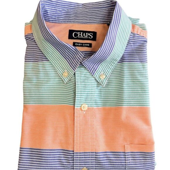 Chaps Indigo Sky Multi Stripe Short Sleeve Button-Down Shirt - Picture 2 of 10